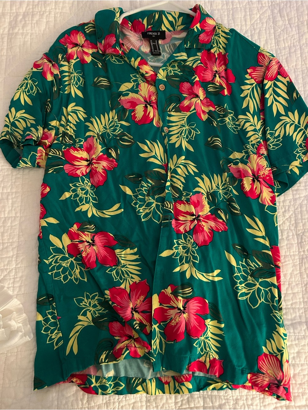 Forever 21 Teal Tropical Floral Button-Down Shirt - Pink & Yellow Hibiscus